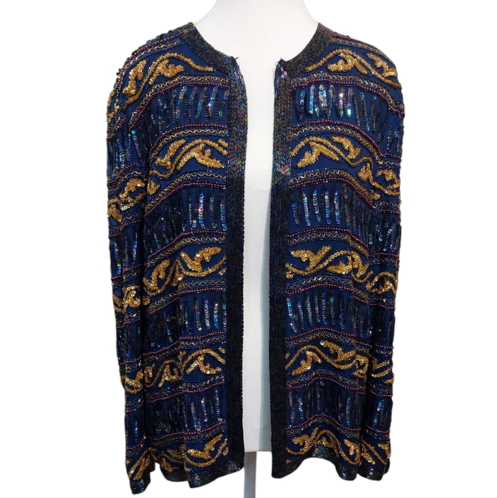 Sequin Beaded Blazer Creative Creations Jacket Top Blue and Gold Women's Medium